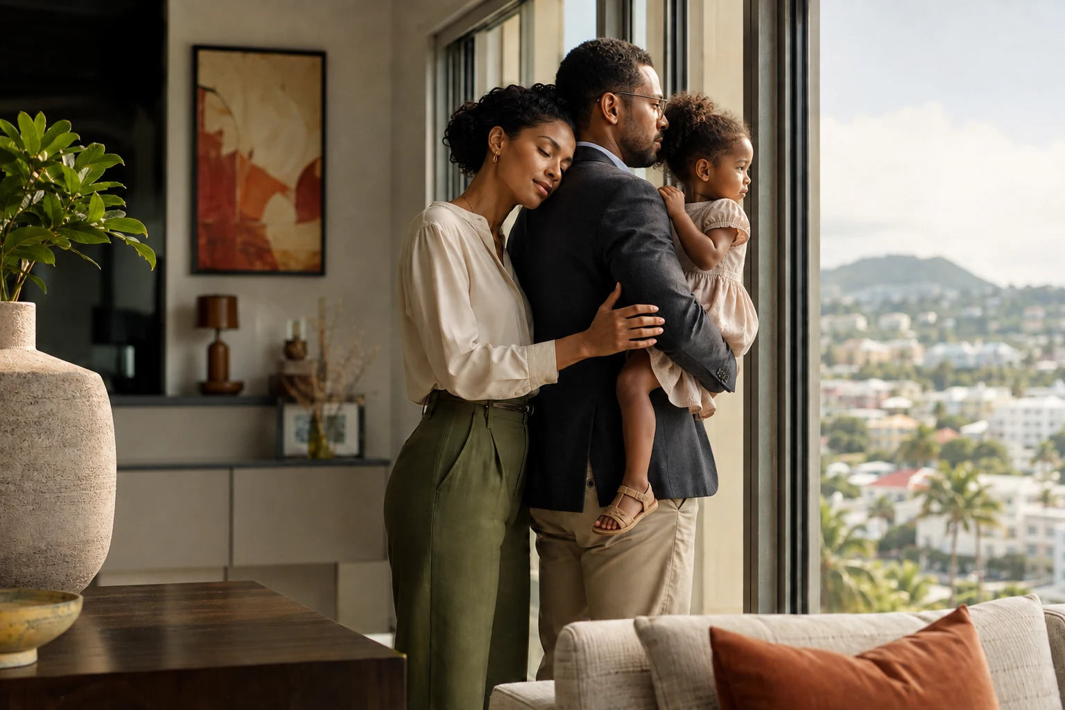 A professional couple in their thirties reflecting together by a window as the father holds their young daughter