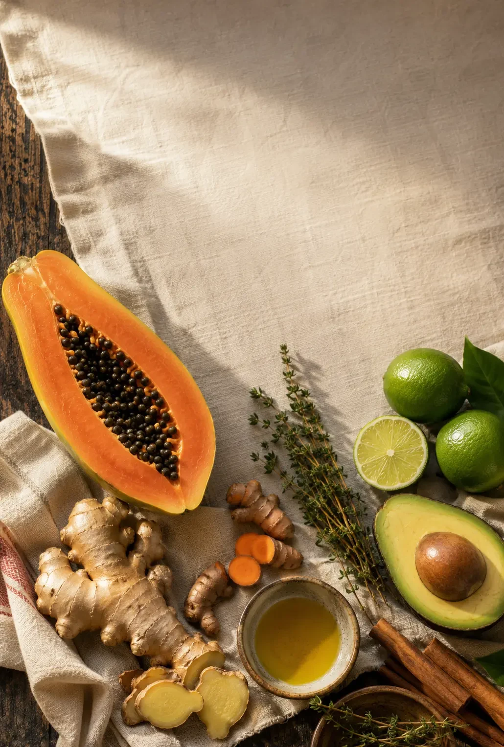 Papaya, ginger, turmeric, lime, avocado and herbs arranged on natural linen
