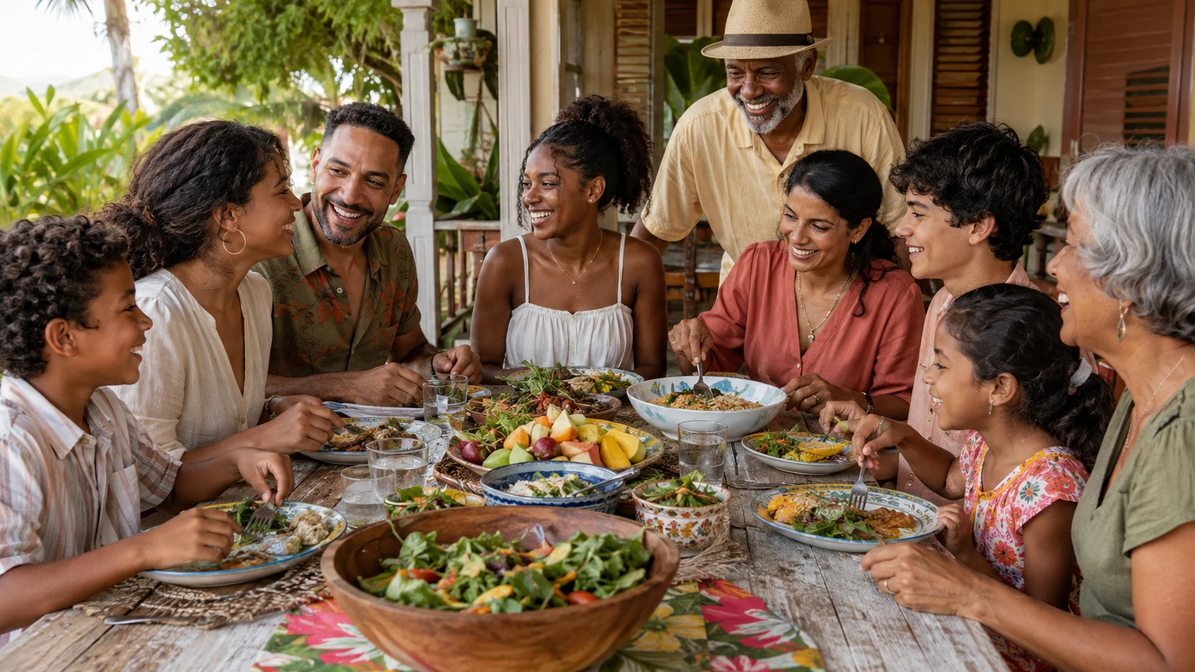 A culturally diverse Caribbean group of children, young adults, parents and elders sharing a colourful meal