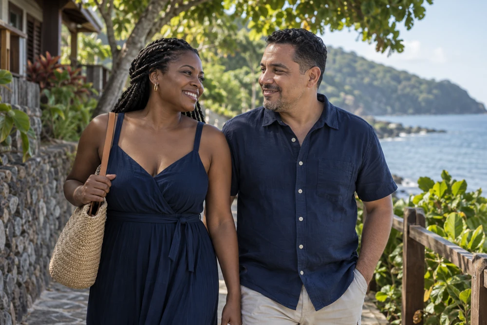 Couple walking together on a leafy path
